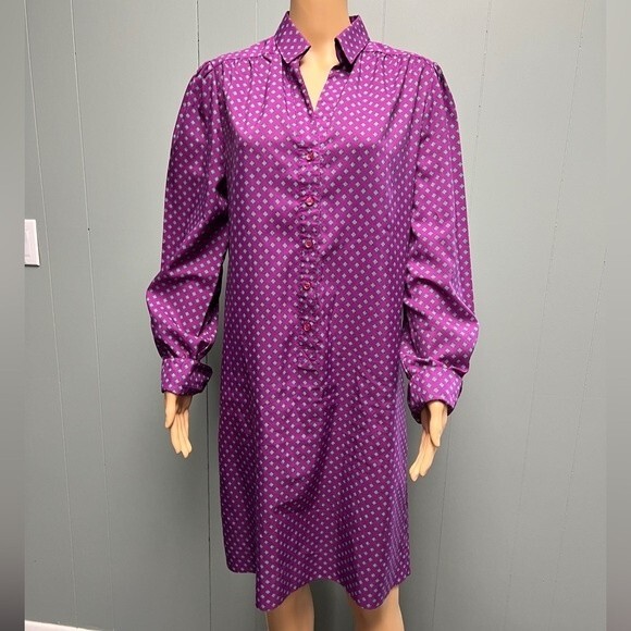 Vintage 70's purple and teal geometric shirt dress. Button Down Collared. Size L - Picture 4 of 14